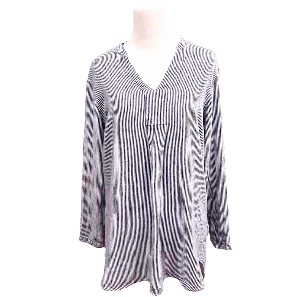 L.L. Bean 100% Linen Blue Striped Tunic Shirt Top V-Neck - Size Small